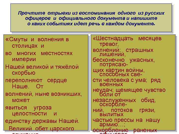 Прочтите отрывки из воспоминания одного из русских офицеров и официального документа и напишите о