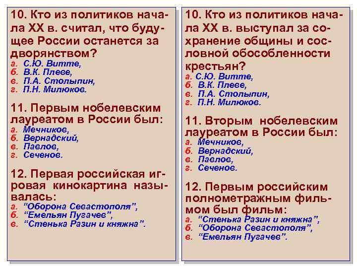 10. Кто из политиков начала XX в. считал, что будущее России останется за дворянством?