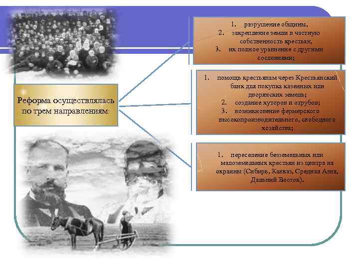 1. разрушение общины, 2. закрепление земли в частную собственность крестьян, 3. их полное уравнение