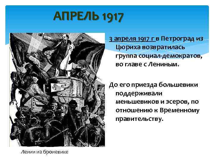 АПРЕЛЬ 1917 3 апреля 1917 г в Петроград из Цюриха возвратилась группа социал-демократов, во