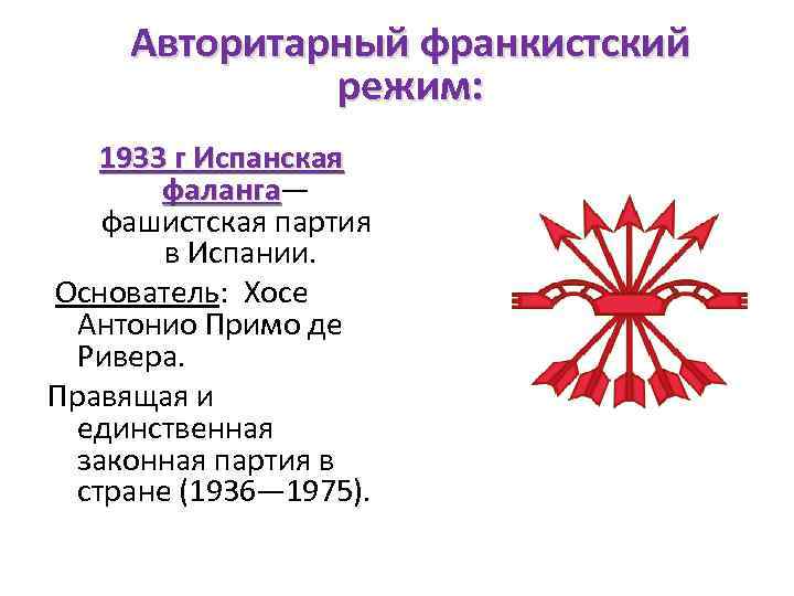 Авторитарный франкистский режим: 1933 г Испанская фаланга— фаланга фашистская партия в Испании. Основатель: Хосе