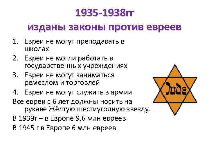 1935 -1938 гг изданы законы против евреев 1. Евреи не могут преподавать в школах