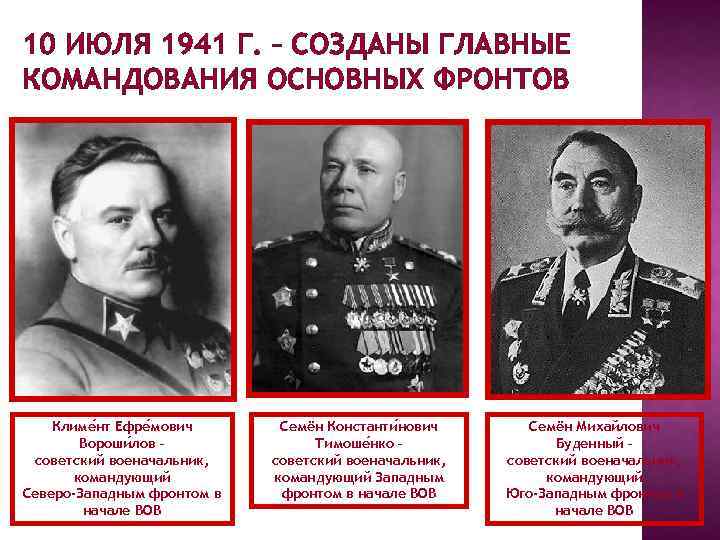 10 ИЮЛЯ 1941 Г. – СОЗДАНЫ ГЛАВНЫЕ КОМАНДОВАНИЯ ОСНОВНЫХ ФРОНТОВ Климе нт Ефре мович