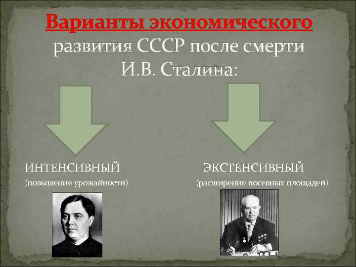Варианты экономического развития СССР после смерти И. В. Сталина: ИНТЕНСИВНЫЙ (повышение урожайности) ЭКСТЕНСИВНЫЙ (расширение