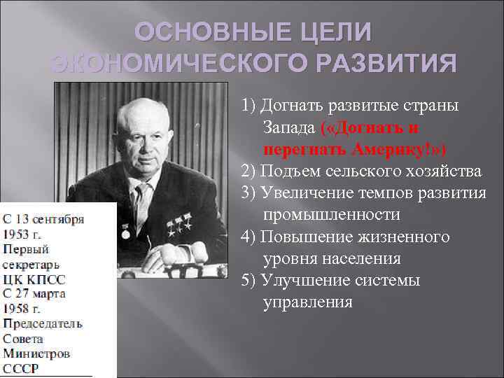 ОСНОВНЫЕ ЦЕЛИ ЭКОНОМИЧЕСКОГО РАЗВИТИЯ 1) Догнать развитые страны Запада ( «Догнать и перегнать Америку!»