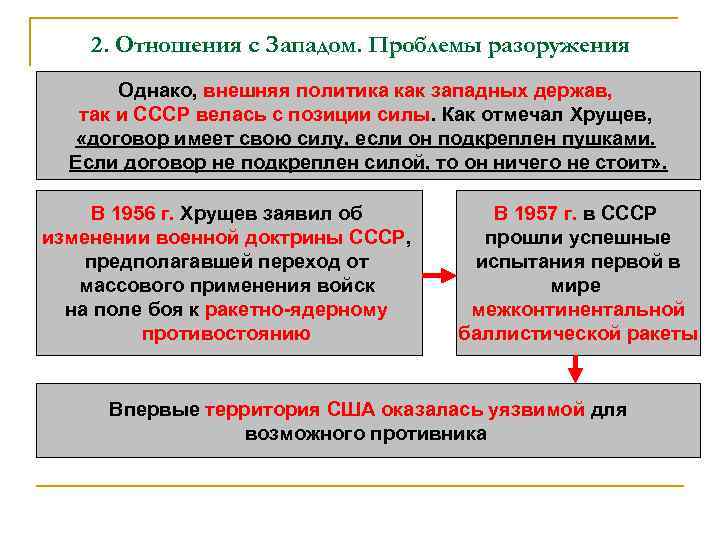 2. Отношения с Западом. Проблемы разоружения Однако, внешняя политика как западных держав, так и