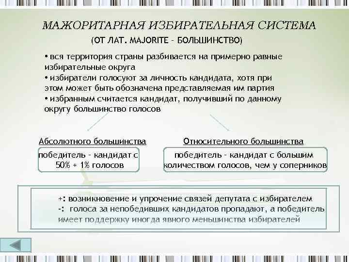 МАЖОРИТАРНАЯ ИЗБИРАТЕЛЬНАЯ СИСТЕМА (ОТ ЛАТ. MAJORITE – БОЛЬШИНСТВО) • вся территория страны разбивается на