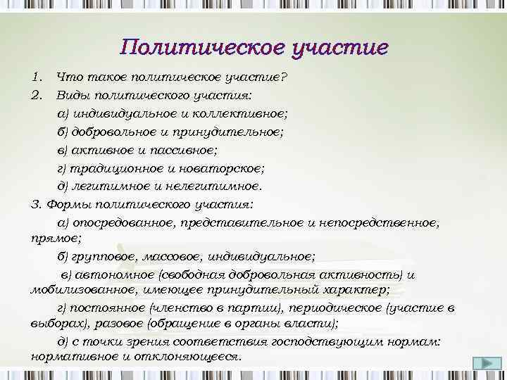 Политическое участие 1. 2. Что такое политическое участие? Виды политического участия: а) индивидуальное и