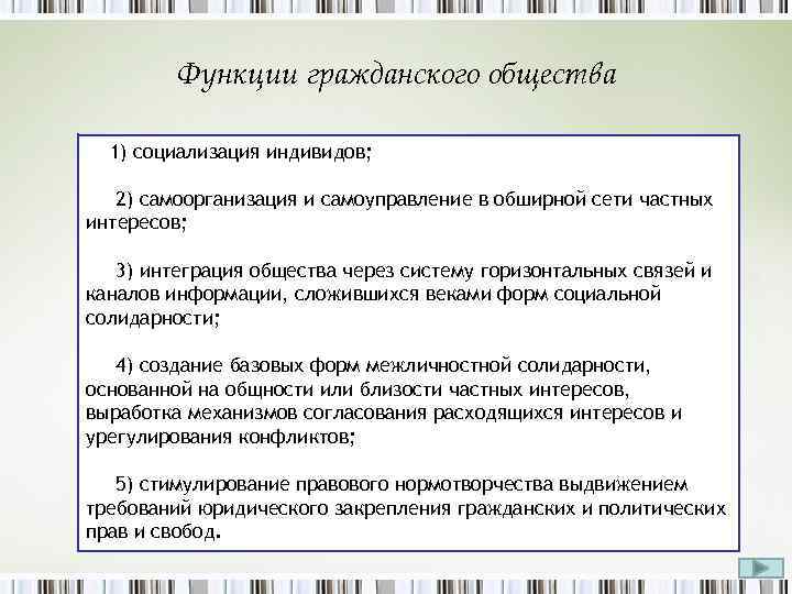 Функции гражданского общества 1) социализация индивидов; 2) самоорганизация и самоуправление в обширной сети частных