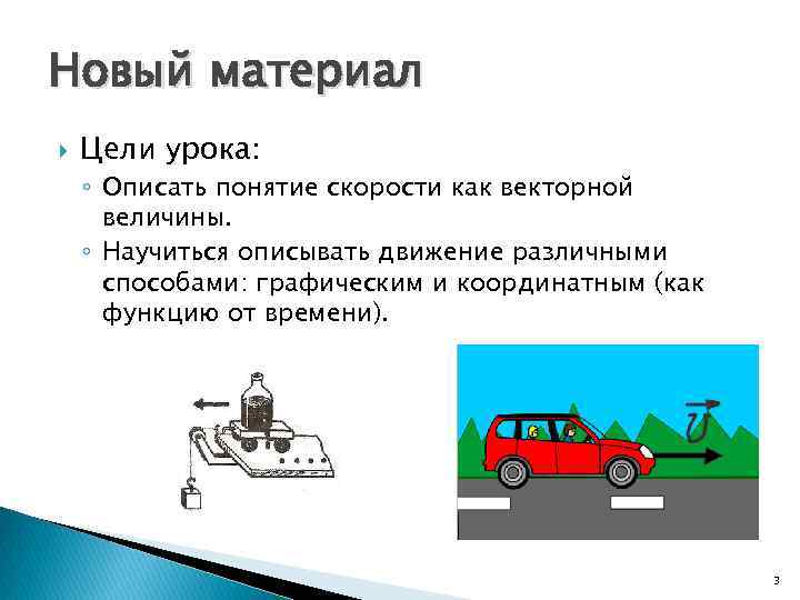 Новый материал Цели урока: ◦ Описать понятие скорости как векторной величины. ◦ Научиться описывать