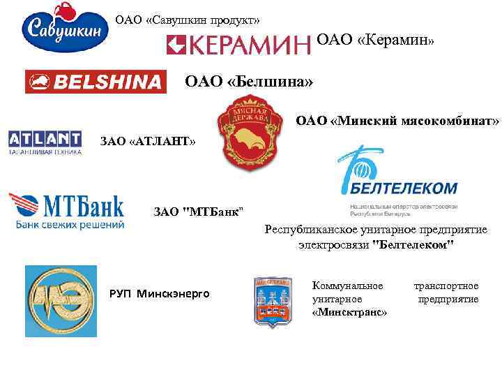 OAO «Савушкин продукт» ОАО «Керамин» ОАО «Белшина» ОАО «Минский мясокомбинат» ЗАО «АТЛАНТ» ЗАО 