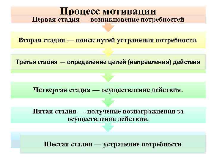 Процесс мотивации Первая стадия — возникновение потребностей Вторая стадия — поиск путей устранения потребности.