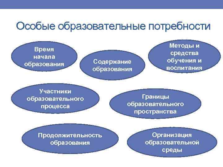 Особые образовательные потребности Время начала образования Содержание образования Участники образовательного процесса Продолжительность образования Методы