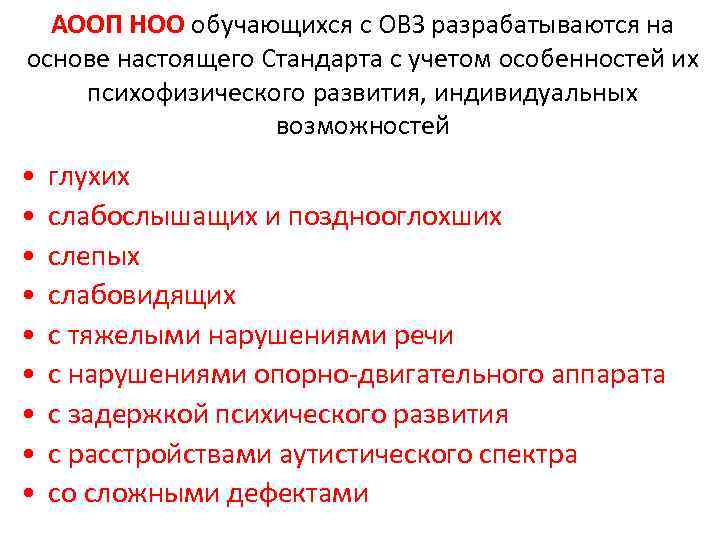 АООП НОО обучающихся с ОВЗ разрабатываются на основе настоящего Стандарта с учетом особенностей их