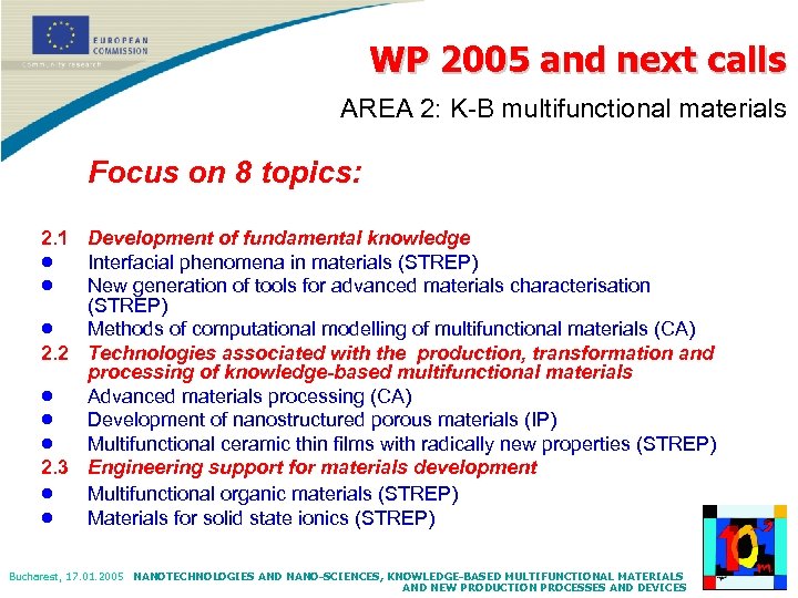 WP 2005 and next calls AREA 2: K-B multifunctional materials Focus on 8 topics: