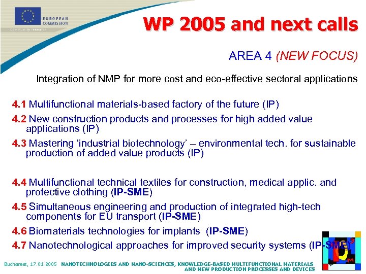 WP 2005 and next calls AREA 4 (NEW FOCUS) Integration of NMP for more