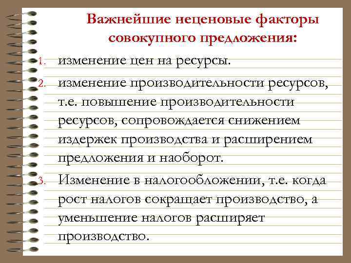 1. 2. 3. Важнейшие неценовые факторы совокупного предложения: изменение цен на ресурсы. изменение производительности