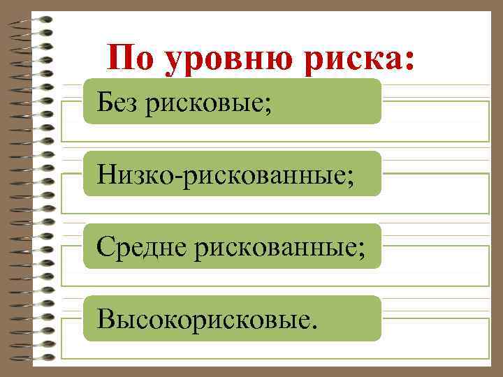 По уровню риска: Без рисковые; Низко-рискованные; Средне рискованные; Высокорисковые. 