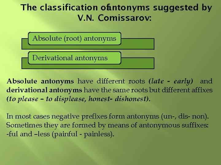 The classification of antonyms suggested by V. N. Comissarov: Absolute (root) antonyms Derivational antonyms