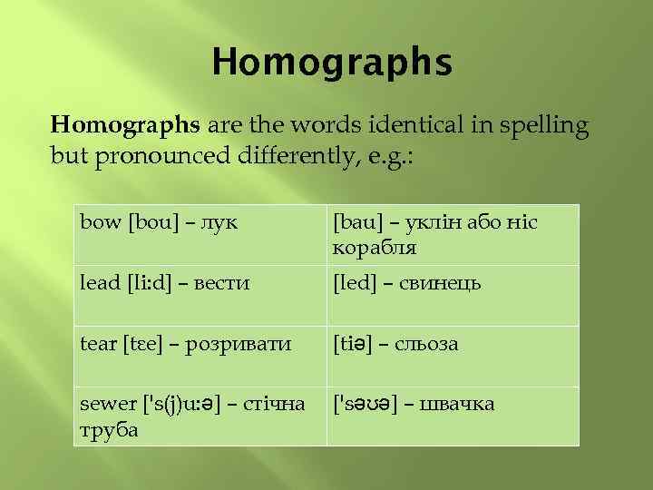 Homographs are the words identical in spelling but pronounced differently, e. g. : bow