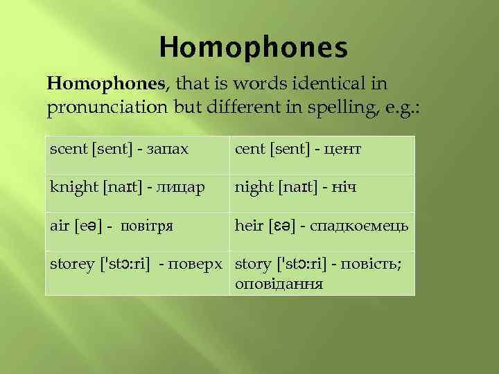 Homophones, that is words identical in pronunciation but different in spelling, e. g. :