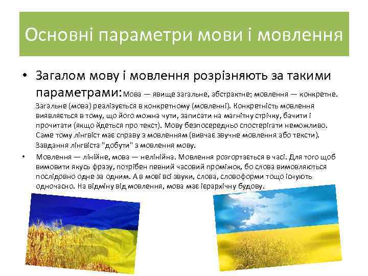 Основні параметри мови і мовлення • Загалом мову і мовлення розрізняють за такими параметрами:
