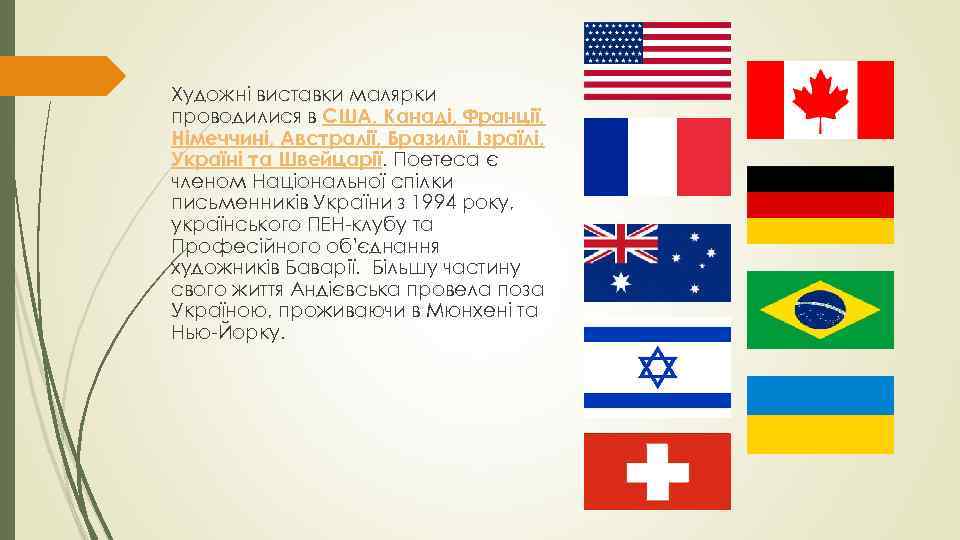 Художні виставки малярки проводилися в США, Канаді, Франції, Німеччині, Австралії, Бразилії, Ізраїлі, Україні та