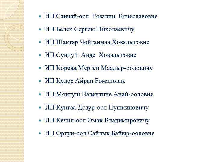  ИП Санчай-оол Розалии Вячеславовне ИП Белек Сергею Николаевичу ИП Шактар Чойганмаа Ховалыговне ИП