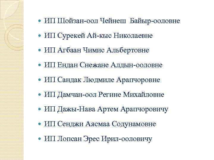  ИП Шойзан-оол Чейнеш Байыр-ооловне ИП Сурекей Ай-кыс Николаевне ИП Агбаан Чимис Альбертовне ИП