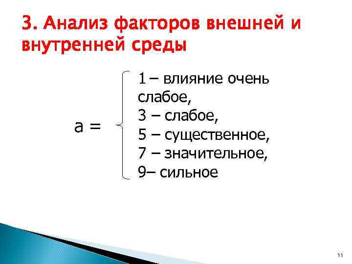 3. Анализ факторов внешней и внутренней среды а= 1 – влияние очень слабое, 3