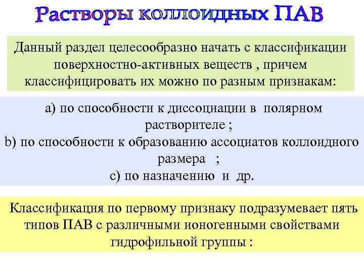 Данный раздел целесообразно начать с классификации поверхностно-активных веществ , причем классифицировать их можно по