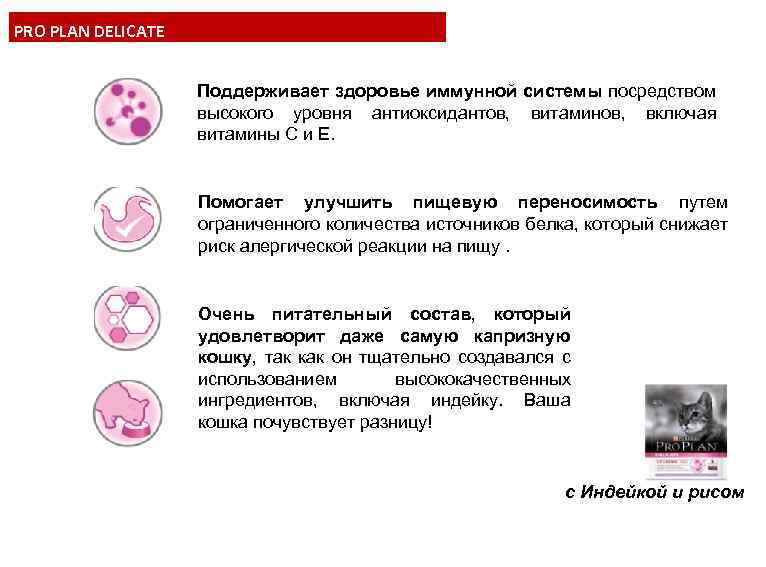 PRO PLAN DELICATE Поддерживает здоровье иммунной системы посредством высокого уровня антиоксидантов, витаминов, включая витамины