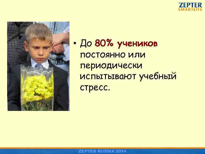  • До 80% учеников постоянно или периодически испытывают учебный стресс. ZEPTER RUSSIA 2014