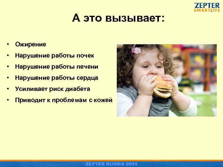 А это вызывает: • Ожирение • Нарушение работы почек • Нарушение работы печени •