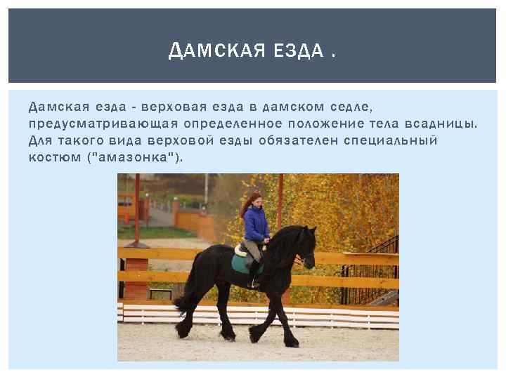 Д АМСКАЯ ЕЗДА. Дамская езда - верховая езда в дамском седле, предусматривающая определенное положение