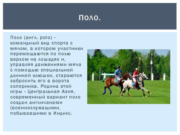П ОЛО. Поло (англ. polo) командный вид спорта с мячом, в котором участники перемещаются