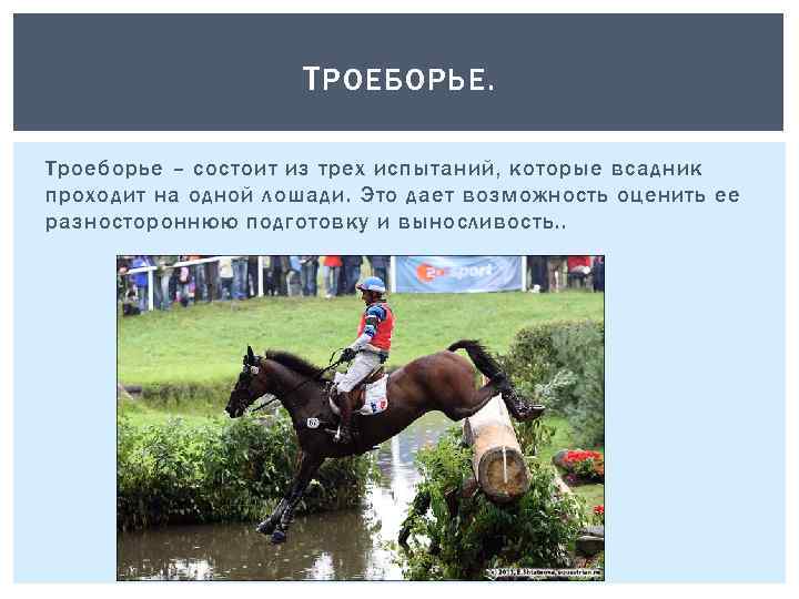 Т РОЕБОРЬЕ. Троеборье – состоит из трех испытаний, которые всадник проходит на одной лошади.