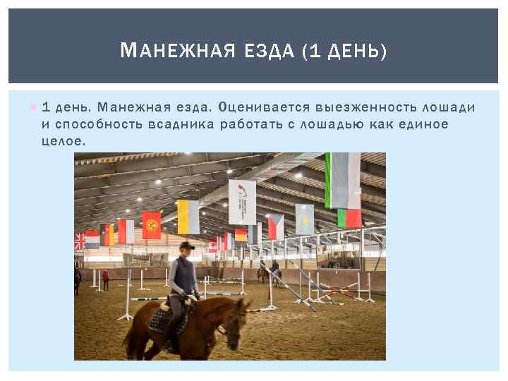 М АНЕЖНАЯ ЕЗДА (1 ДЕНЬ) 1 день. Манежная езда. Оценивается выезженность лошади и способность