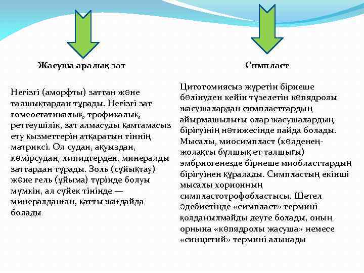 Жасуша аралық зат Негізгі (аморфты) заттан және талшықтардан тұрады. Негізгі зат гомеостатикалық, трофикалық, реттеушілік,