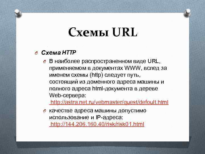 Схемы URL O Схема HTTP O В наиболее распространенном виде URL, применяемом в документах