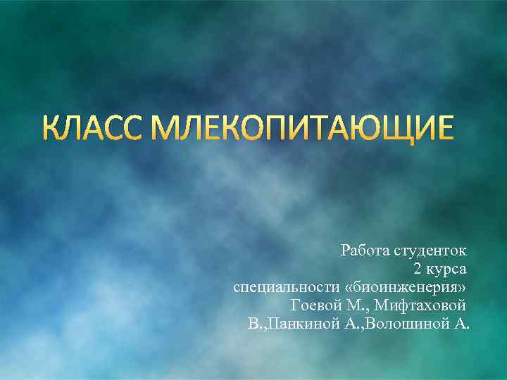 КЛАСС МЛЕКОПИТАЮЩИЕ Работа студенток 2 курса специальности «биоинженерия» Гоевой М. , Мифтаховой В. ,