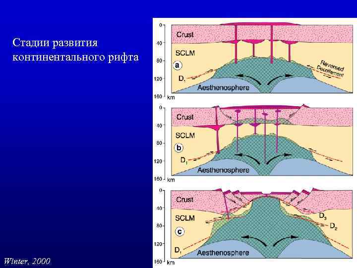 Стадии развития континентального рифта Winter, 2000 