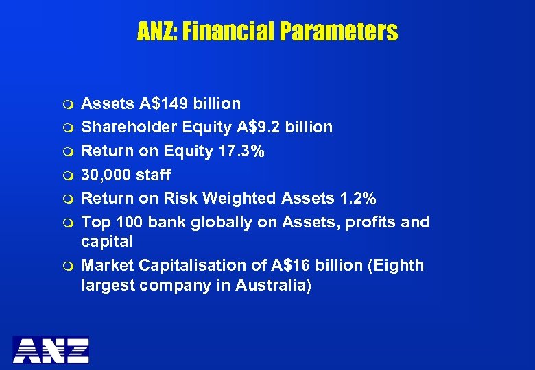 ANZ: Financial Parameters m m m m Assets A$149 billion Shareholder Equity A$9. 2