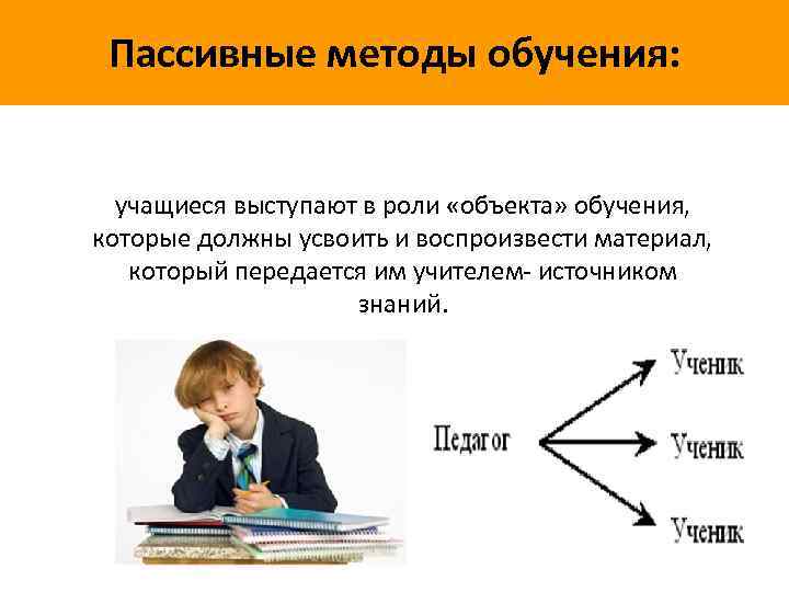 Пассивные методы обучения: учащиеся выступают в роли «объекта» обучения, которые должны усвоить и воспроизвести