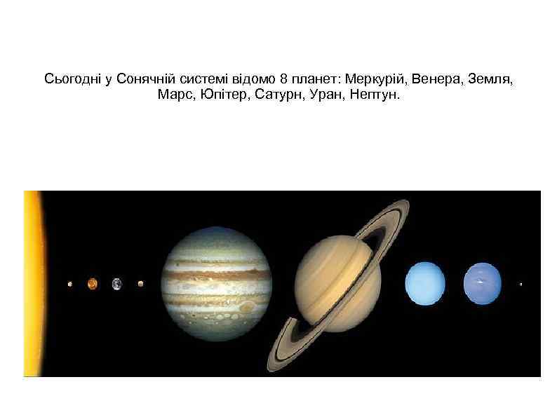 Сьогодні у Сонячній системі відомо 8 планет: Меркурій, Венера, Земля, Марс, Юпітер, Сатурн, Уран,