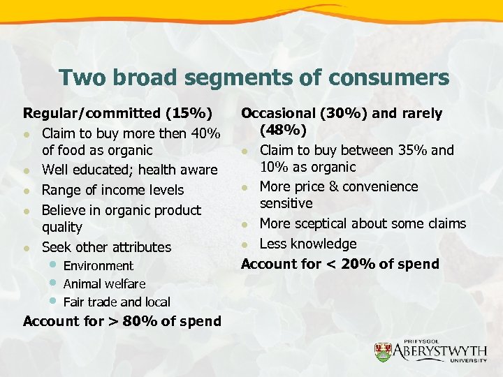 Two broad segments of consumers Regular/committed (15%) l Claim to buy more then 40%