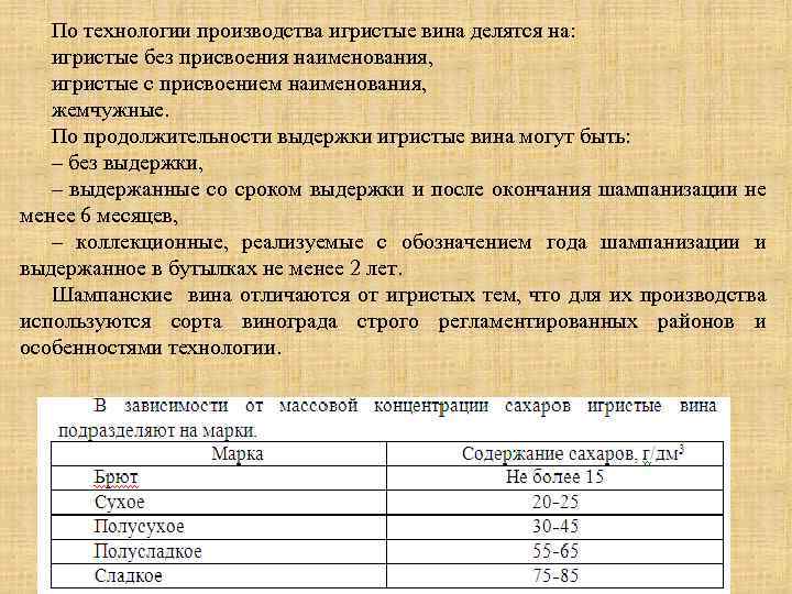 По технологии производства игристые вина делятся на: игристые без присвоения наименования, игристые с присвоением