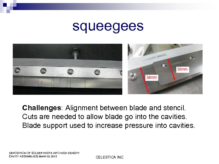 squeegees Challenges: Alignment between blade and stencil. Cuts are needed to allow blade go