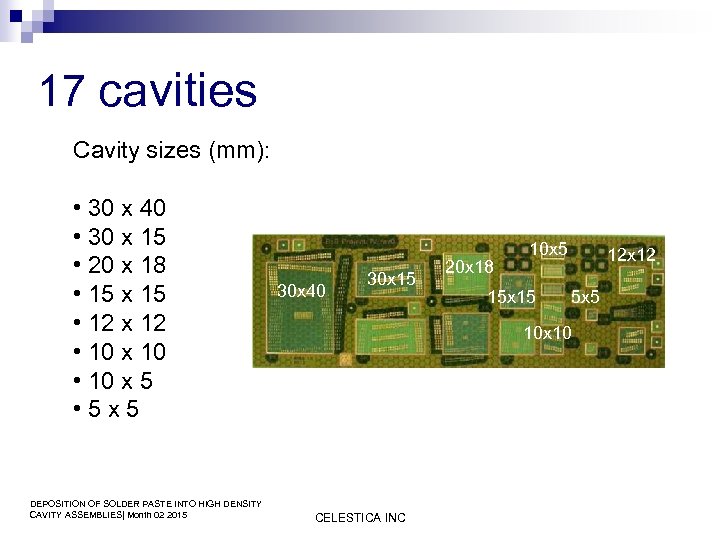 17 cavities Cavity sizes (mm): • 30 x 40 • 30 x 15 •