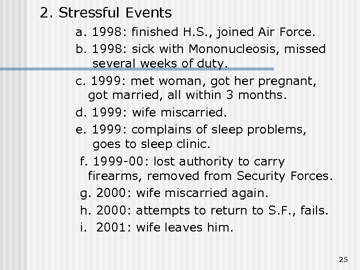 2. Stressful Events a. 1998: finished H. S. , joined Air Force. b. 1998: